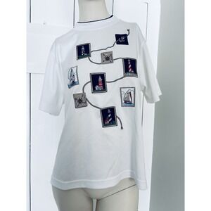 Bonworth Nautical Top Shirt White LIghthouses Sailboat Anchor Ships Vintage MedP
